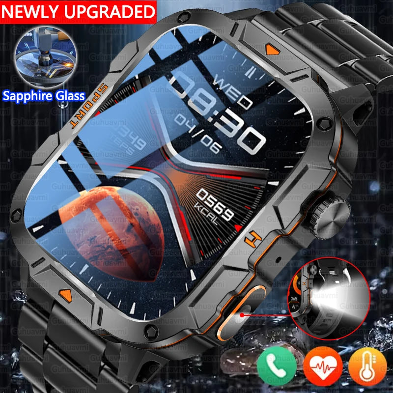 2025 New Military Grade Smart Watch Men 1.96" AMOLED Screen 5ATM Waterproof Simming Sports Fitness Tracker BT Call Smartwatches