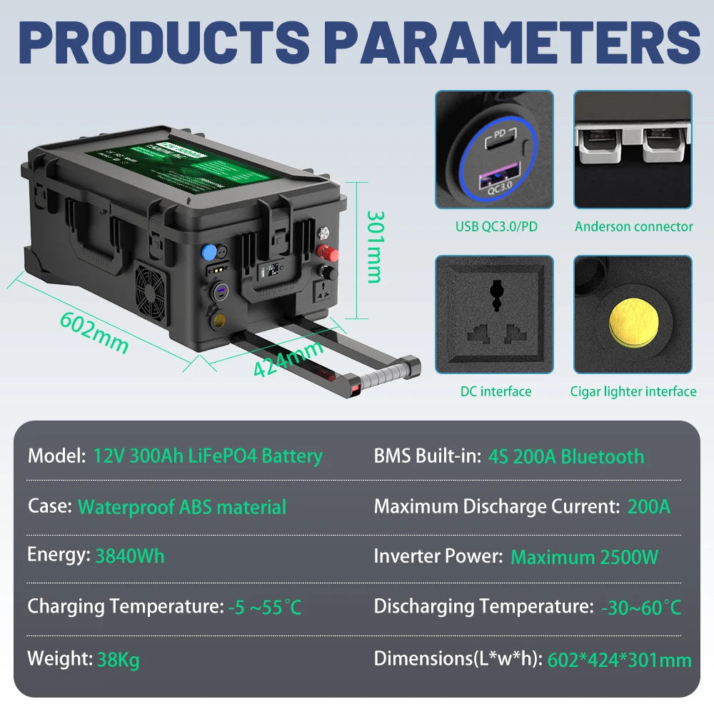 LiFePO4 12V 300Ah Battery Portable Power 3840Wh 1500W DC-AC All IN ONE Lithium Bluetooth BMS 6000+ Cycle IP56 USB PD QC EU STOCK