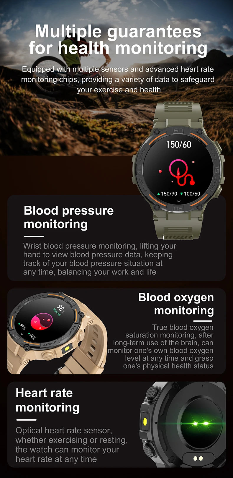 Outdoor Military Rugged Smartwatch Men Full Screen Touch 24 Hours Heart Rate 100+ Sports Mode Bluetooth Call Smartwatch