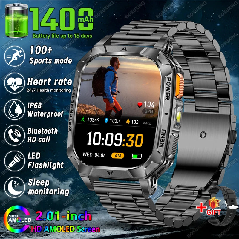 Rugged Military 1400mAh Battery Smart Watch Fitness Tracking IP68 Waterproof Tactical Sports Flashlight 2026 New Men Smartwatch