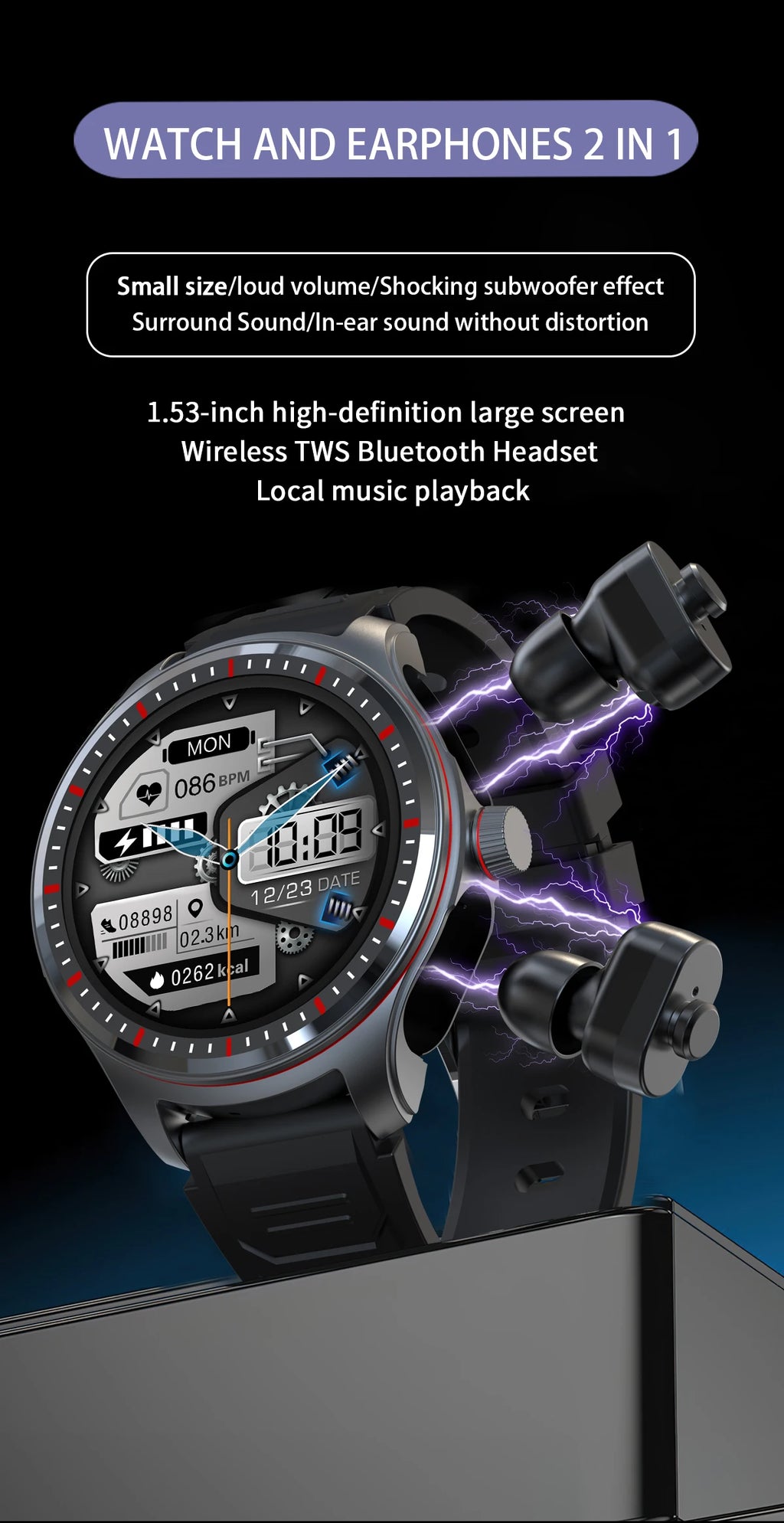 Bluetooth Headset Smartwatch 2-in-1,Call,Music,Health Monitor,Fitness Tracker,Men Women Waterproof Smart Watch For Android IOS