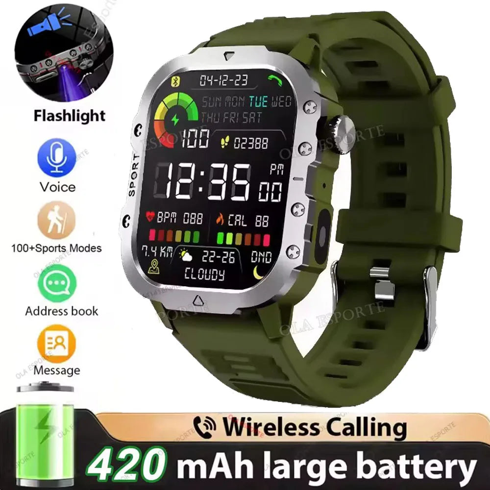 Military Outdoor Smart Watch Men’s GPS Tracking Flashlight Bluetooth Call 2.01" AMOLED Screen 5ATM Waterproof Sports Smartwatch