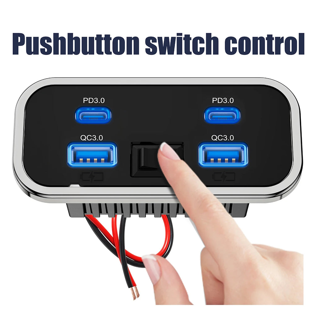 76W Dual PD Dual QC3.0 Type C USB Quick Charger 3.0 with Switch Fast Charging 4 Ports Power Panel For Bus ATV Car Truck Marine