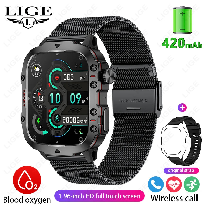 LIGE Military Smart Watch Men Outdoor Sports 3ATM Waterproof  Blood Oxygen Bluetooth Call Watches Men Smartwatch For Android New