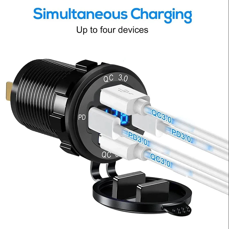 NEW 117W Dual PD Dual QC 3.0 USB Car Charger with Voltmeter Socket Power Outlet Adapter Waterproof for 12V/24V Car Boat Hot Sale