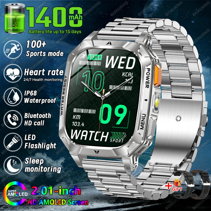 Rugged Military 1400mAh Battery Smart Watch Fitness Tracking IP68 Waterproof Tactical Sports Flashlight 2026 New Men Smartwatch