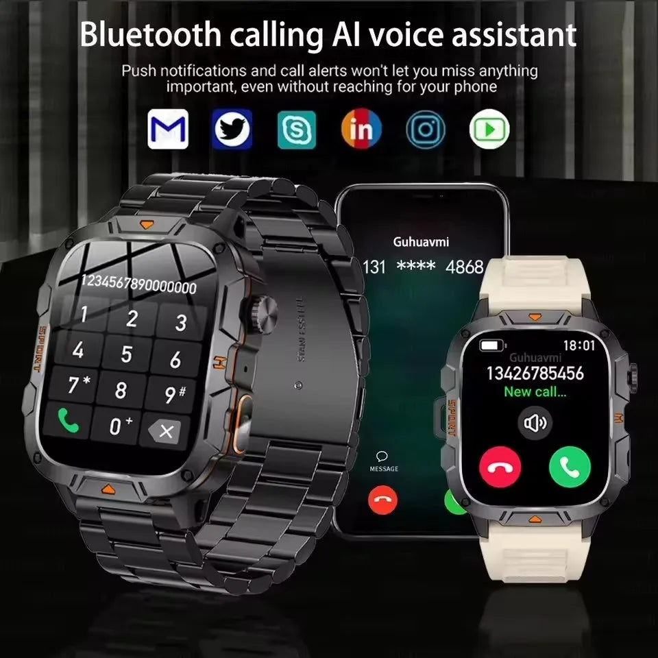 2026 New Rugged Smart Watch Men 1.96" AMOLED BT Call 5ATM Waterproof GPS Heart Rate Monitor LED Flashlight Military Sports Watch