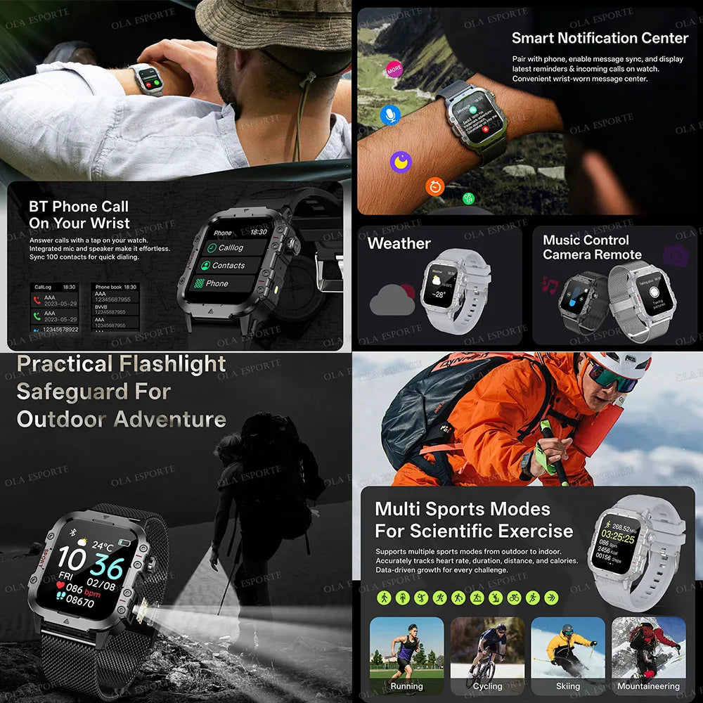 Military Outdoor Smart Watch Men’s GPS Tracking Flashlight Bluetooth Call 2.01" AMOLED Screen 5ATM Waterproof Sports Smartwatch