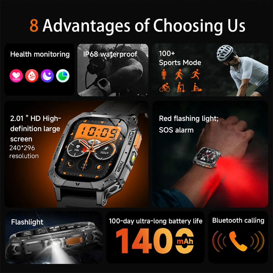 Rugged Military 1400mAh Battery Smart Watch Fitness Tracking IP68 Waterproof Tactical Sports Flashlight 2026 New Men Smartwatch