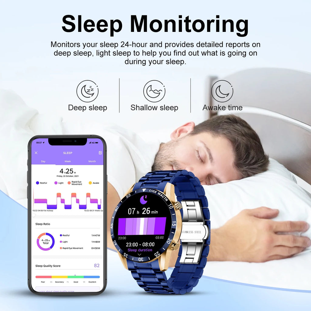 LIGE New Bluetooth Call Smart Watch Men Heart Rate Monitor Luxury Steel Sport Fitness Smartwatch IP67 Waterproof For Android iOS