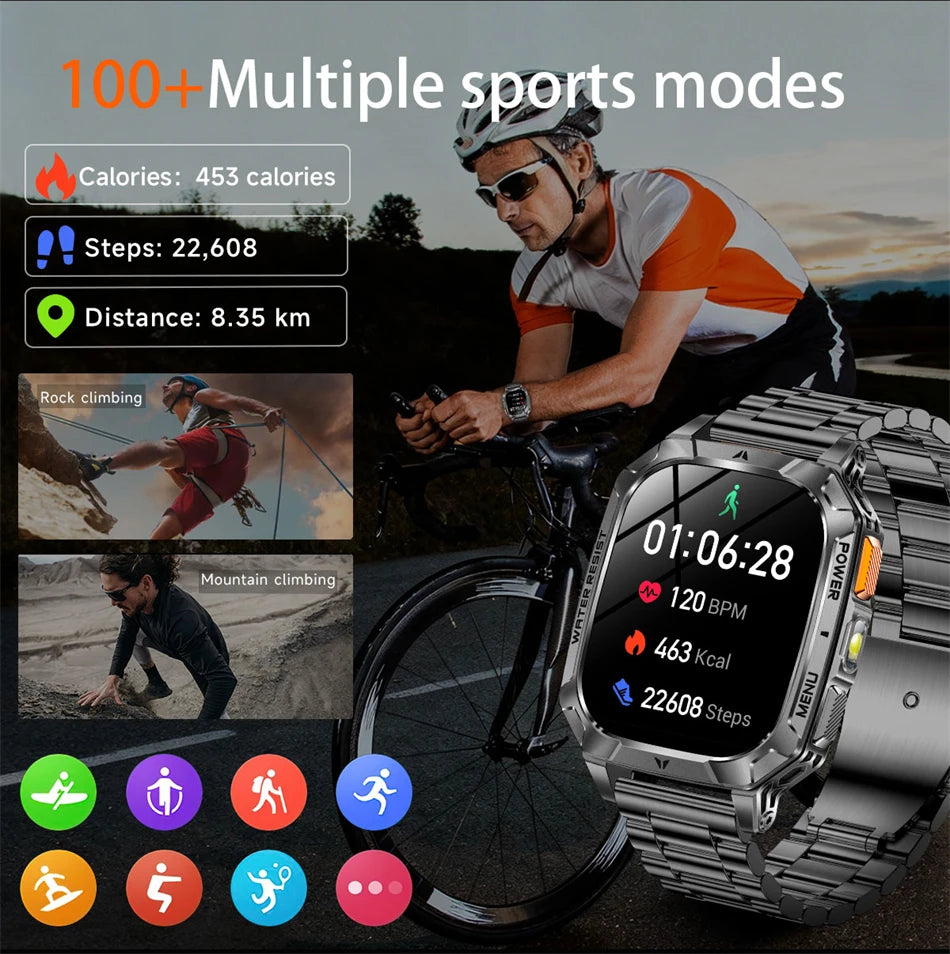 Rugged Military 1400mAh Battery Smart Watch Fitness Tracking IP68 Waterproof Tactical Sports Flashlight 2026 New Men Smartwatch