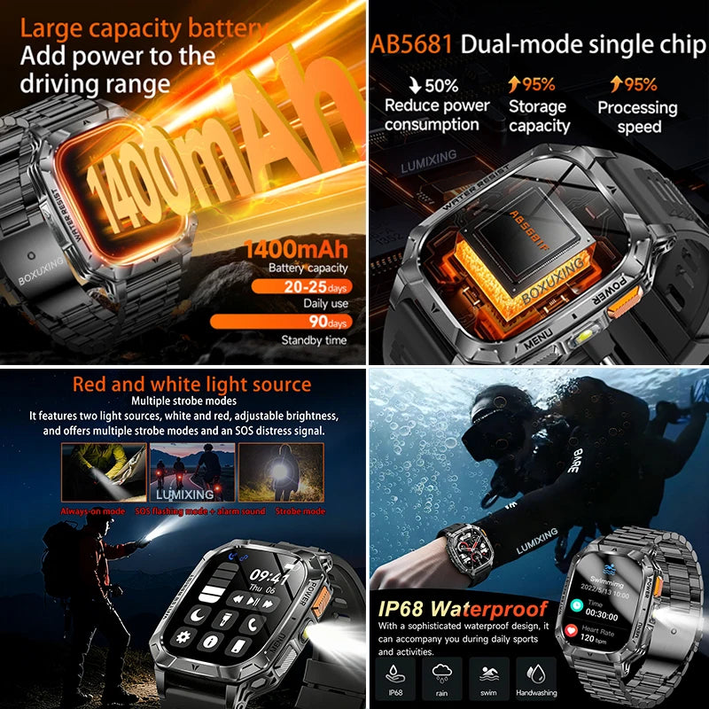 Rugged Military 1400mAh Battery Smart Watch Fitness Tracking IP68 Waterproof Tactical Sports Flashlight 2026 New Men Smartwatch