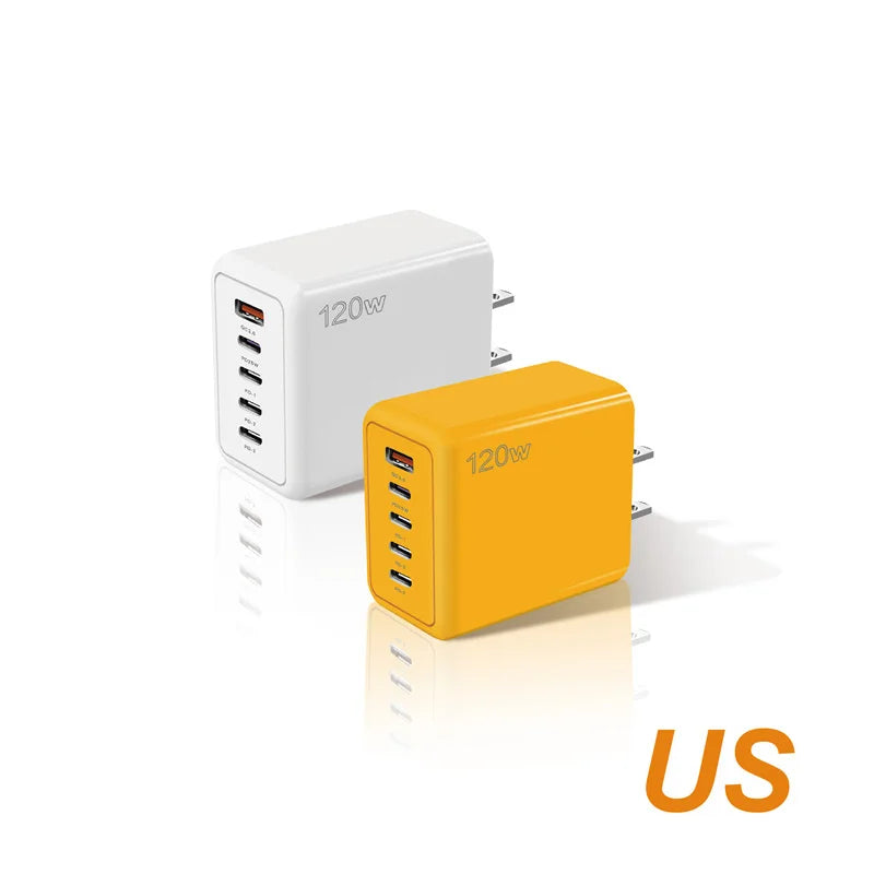 120W PD USB Multi-Port Charger 4 PD Ports 1 USB Port Fast Charging Adapter for iOS and Android Phones with Short Circuit