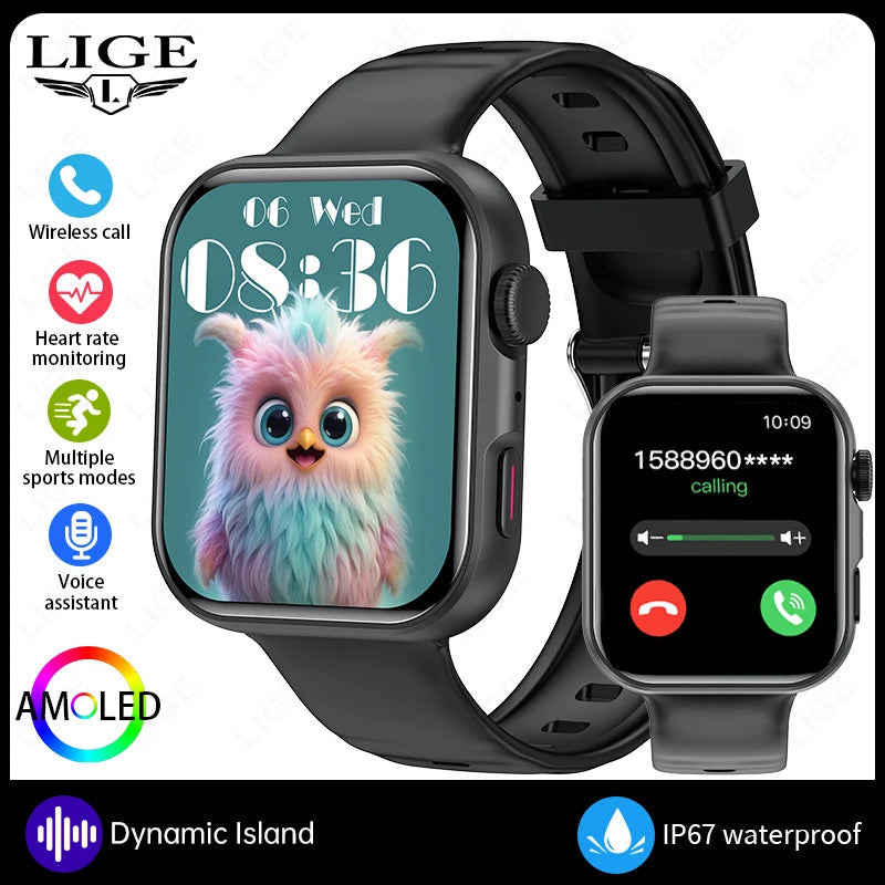 LIGE New Bluetooth Call 1.83" AMOLED Smart Watch For Android IOS Dynamic Island Men Women Sports Fitness Blood Oxygen Smartwatch