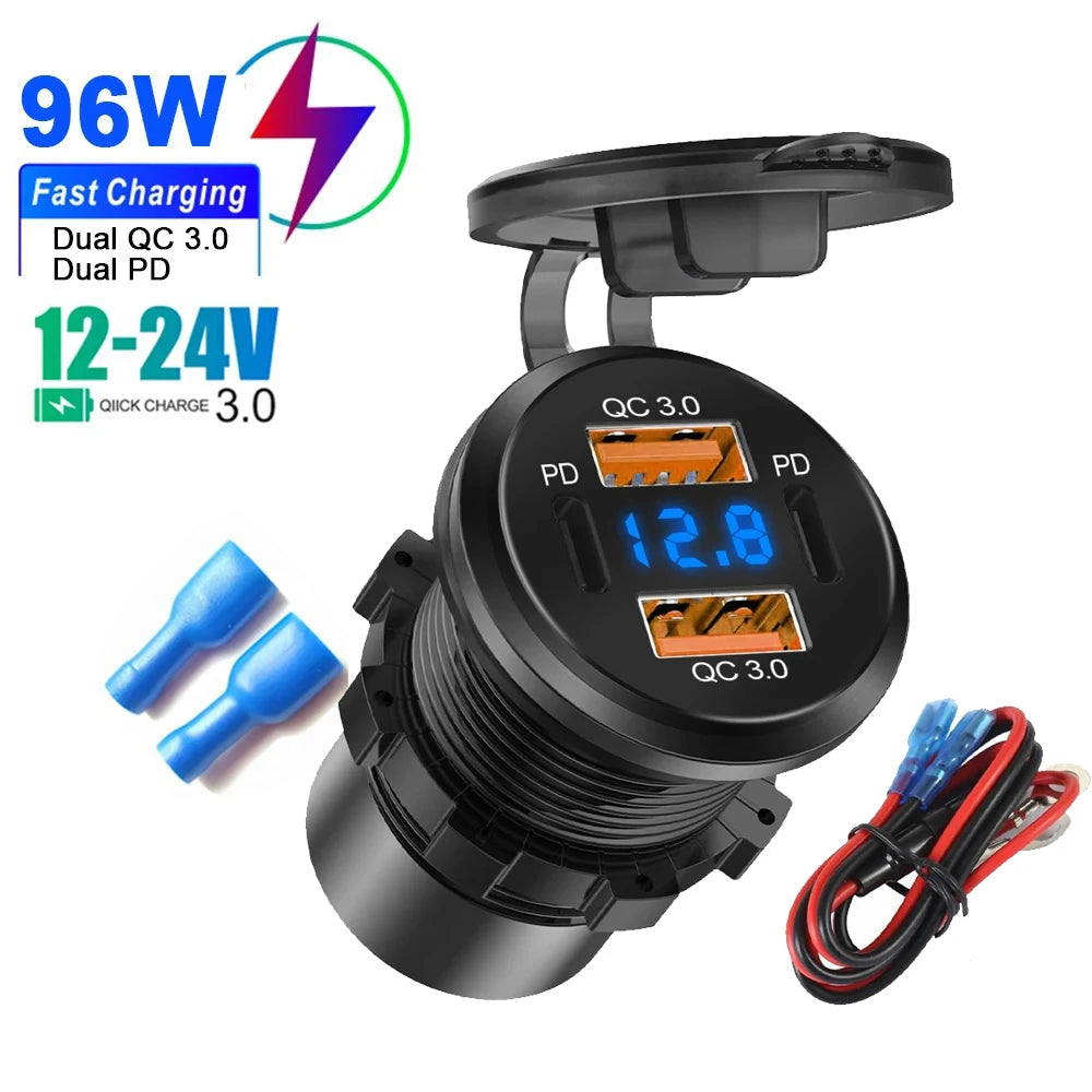86W 4-Ports USB Charger with LED Voltmeter Dual PD & Dual QC3.0 Fast Charging Adapter Waterproof For 12/24V Car Boat Motorcycle