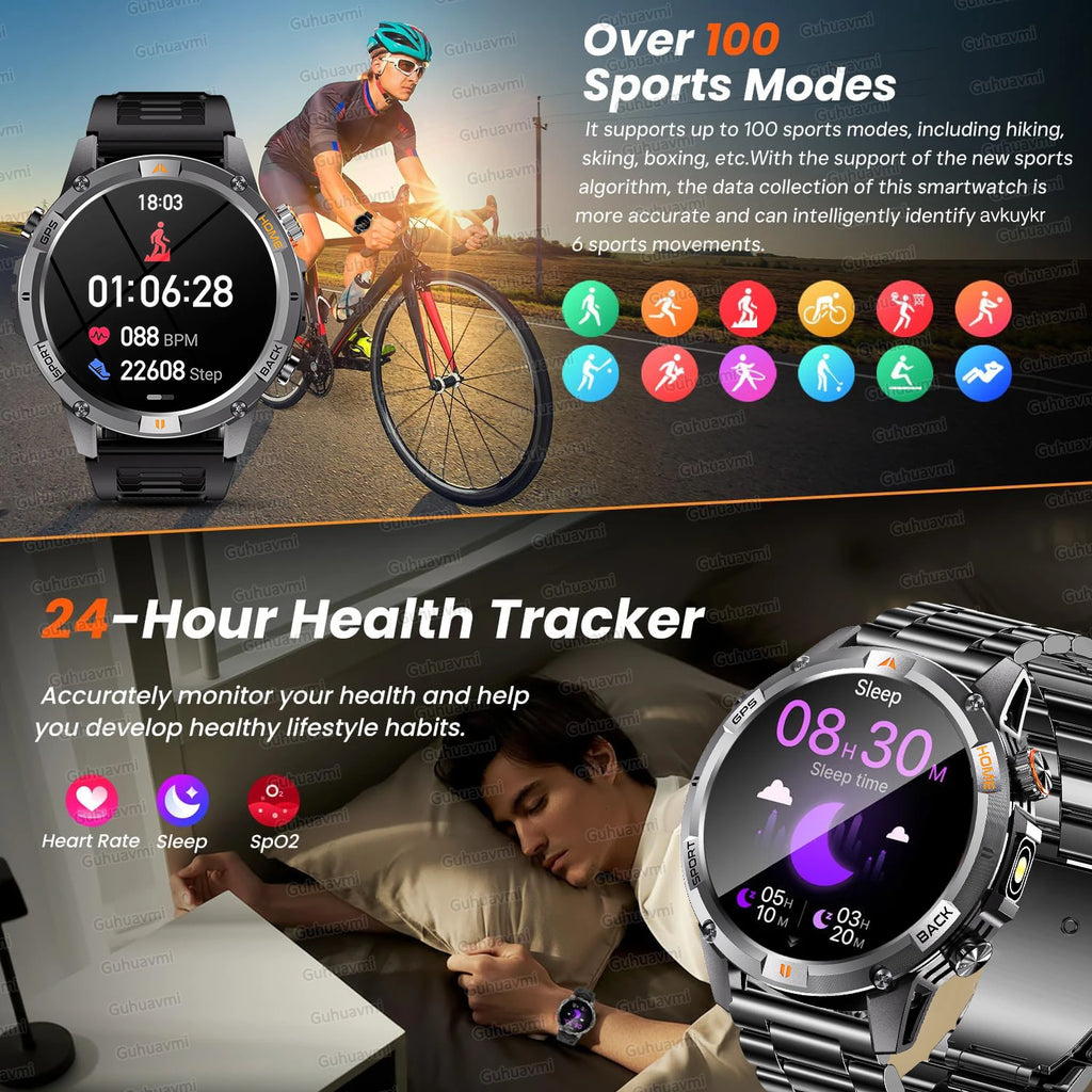 2026 GPS Military Smart Watches Men 10ATM Waterproof Call LED Flashlight 1.46" Rugged Tactical Watch Compass Fitness Smartwatch