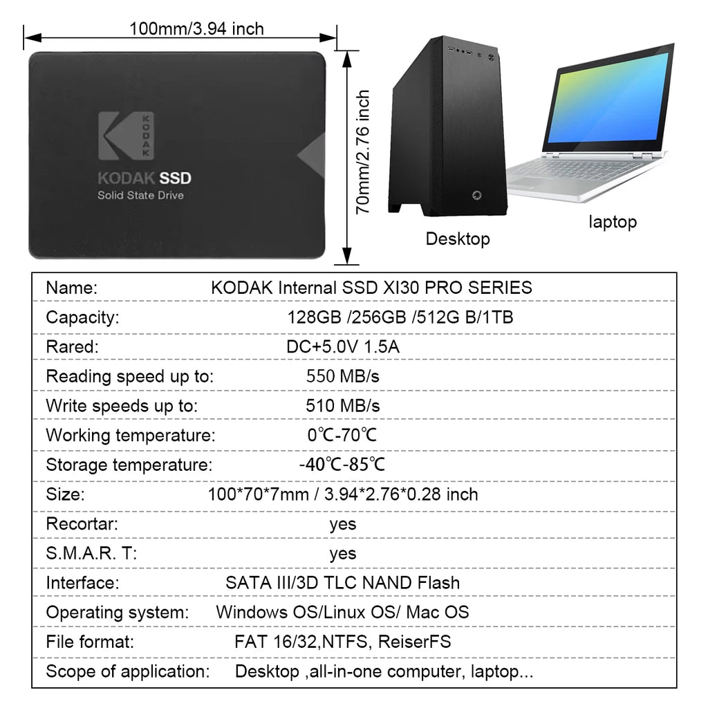 [Brand Storage] Kodak X130Pro Series Ssd-Sata3.0 Ultra-Fast 2.5inch Solid State Drive 512Gb/256Gb/128Gb - Durable Internal Storage for Laptops and Desktops