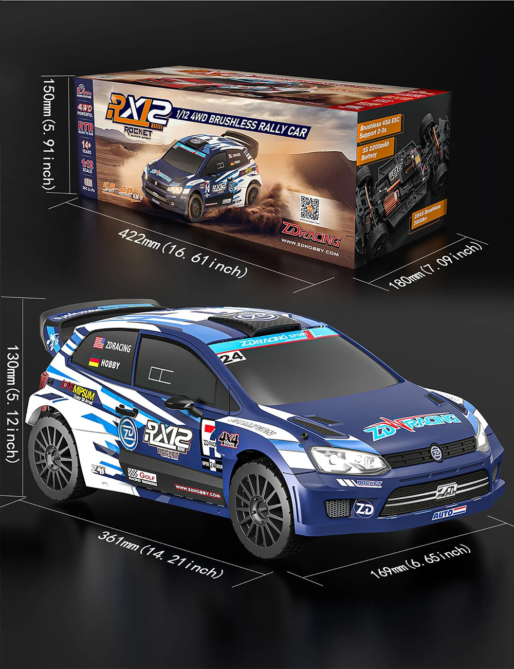 ZD Racing RC Car 1:12 Scale RX12 Brushless Car 70KM/H Car 4WD 2200mAh 350M Rally Vehicle