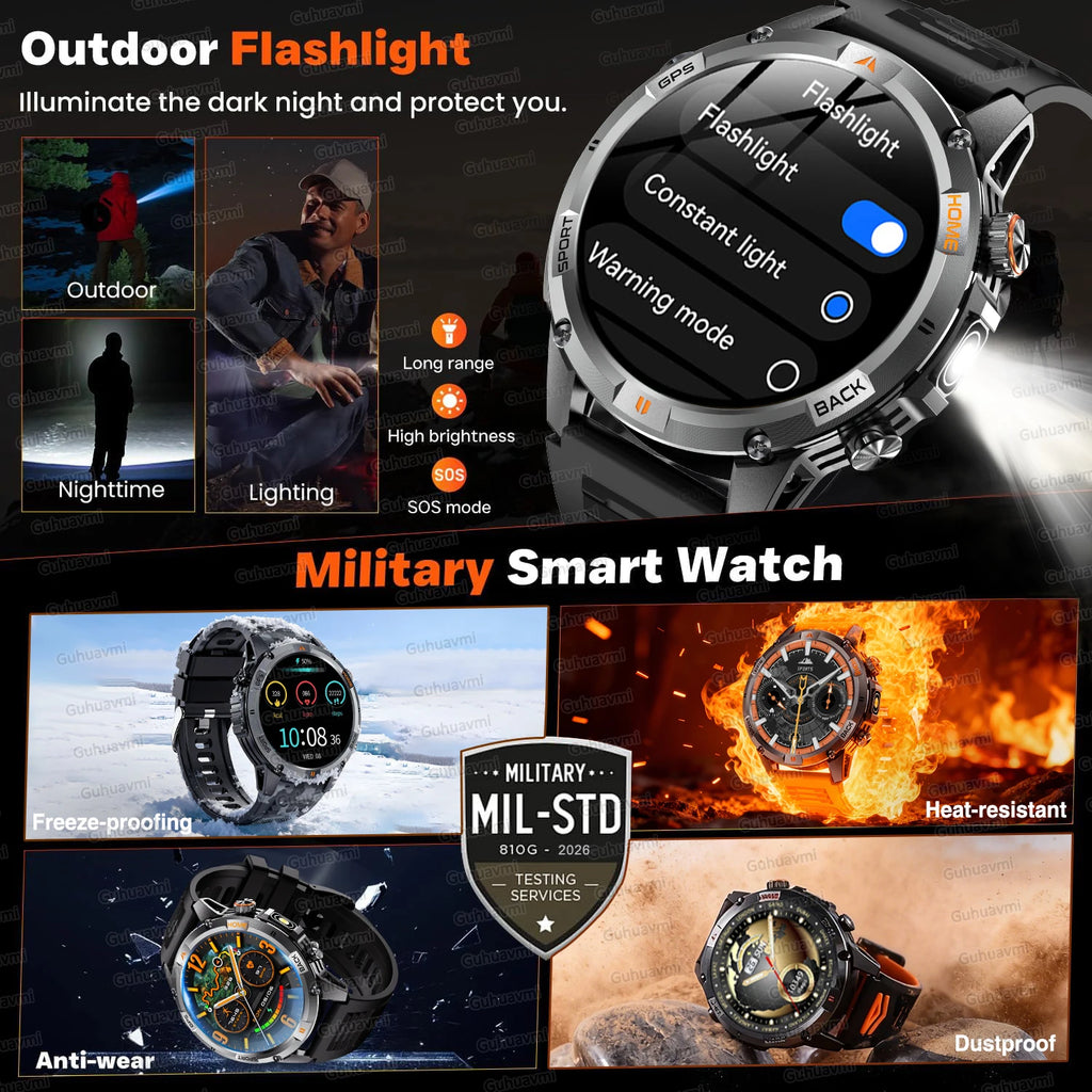 2026 GPS Military Smart Watches Men 10ATM Waterproof Call LED Flashlight 1.46" Rugged Tactical Watch Compass Fitness Smartwatch