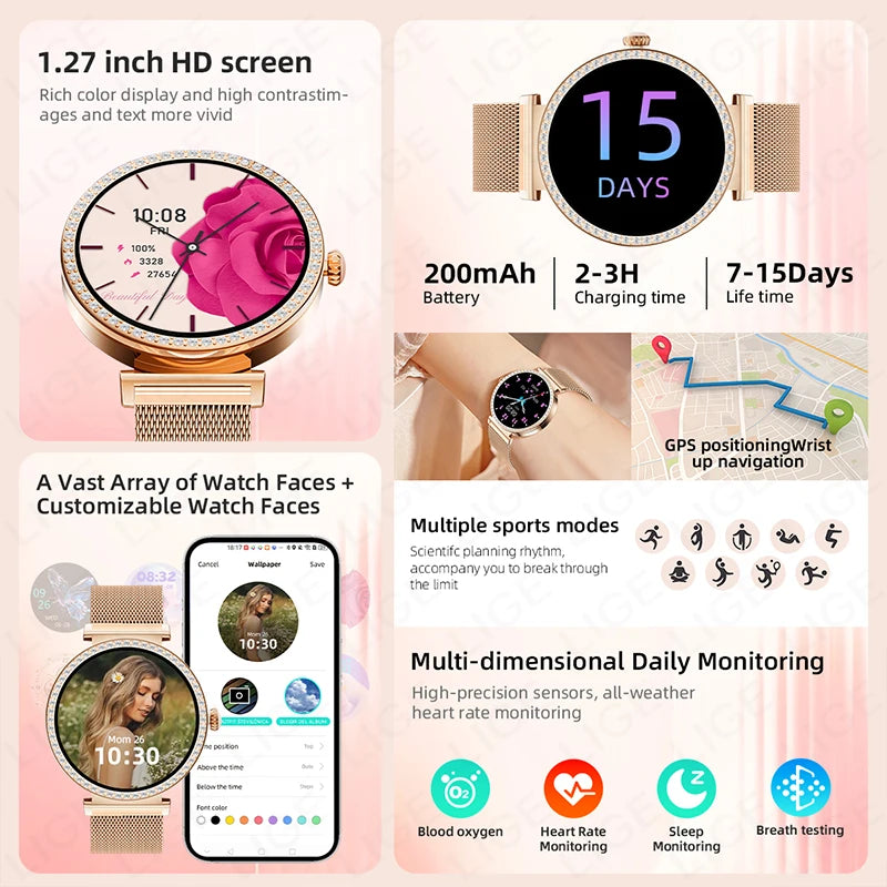 LIGE New 1.27" HD Screen Smart Watch For Women Health Band Waterproof Fitness Tracker Bluetooth Call Bracelet Ladies Smartwatch