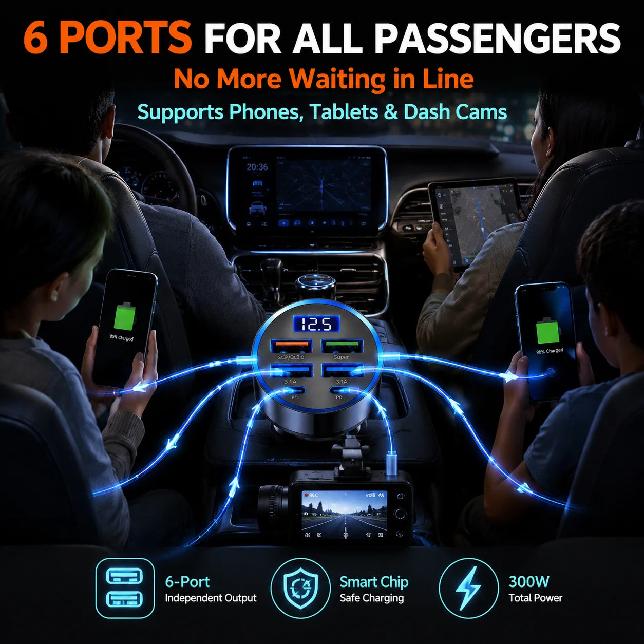 300W 6-Port Car Charger Dual Type-C PD QC3.0 Digital Display Fast Charging for Smartphones Tablets Power Banks Black
