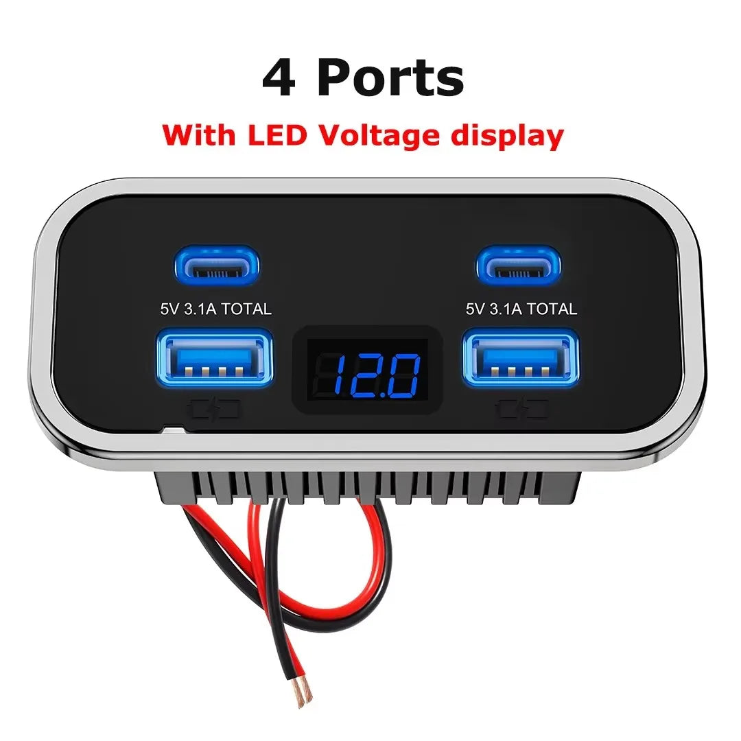 76W Dual PD Dual QC3.0 Type C USB Quick Charger 3.0 with Switch Fast Charging 4 Ports Power Panel For Bus ATV Car Truck Marine