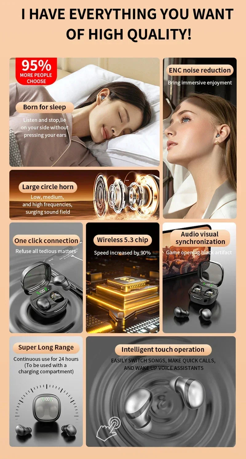 Lenovo Mini Bluetooth 5.3 Headset HD Hifi Earbuds Invisible Sleep Game Sports Headphones Touch Control Earphones for Men Women