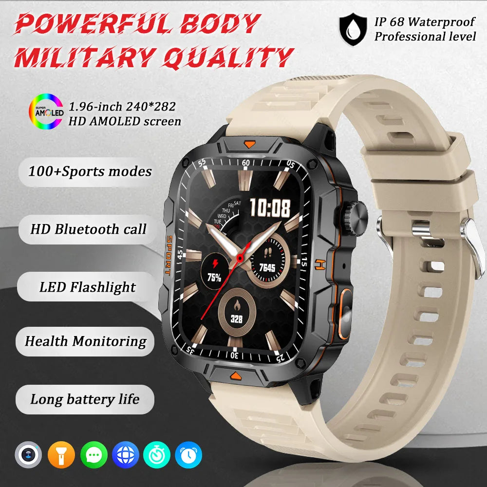 2026 New Rugged Smart Watch Men 1.96" AMOLED BT Call 5ATM Waterproof GPS Heart Rate Monitor LED Flashlight Military Sports Watch