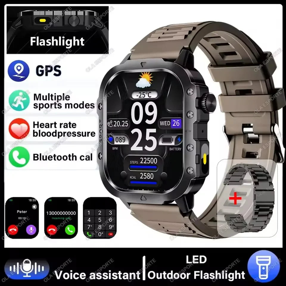 Military Smart Watch Men Waterproof Outdoor Sports Tracker LED Flashlight Bluetooth Call Men Smartwatch For Android iOS