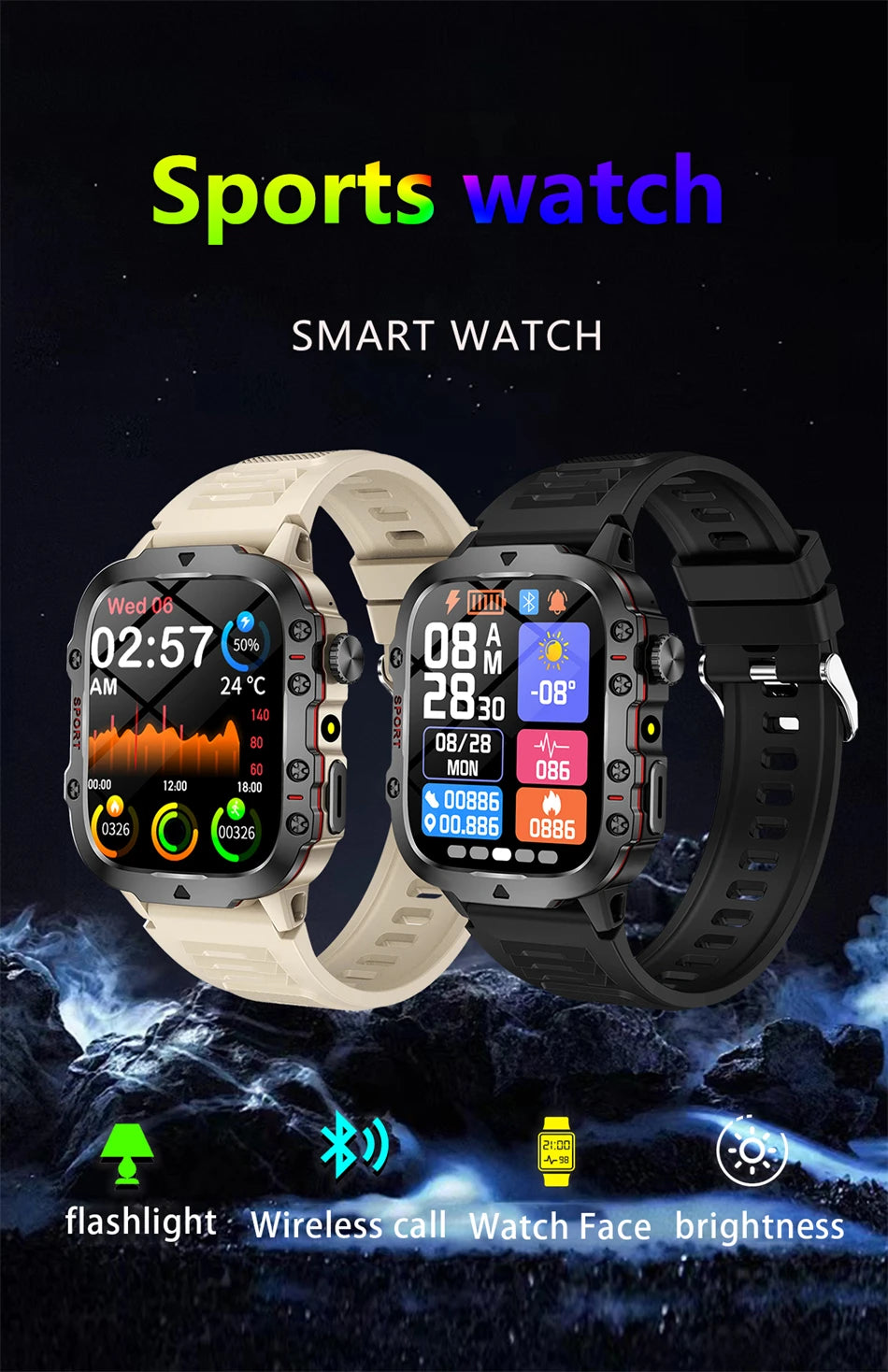 2026 Rugged Military Smart Watch Men's Outdoor Watch LED Flashlight 1.81'' HD Touch Screen Voice Bluetooth Call Smartwatch Gifts