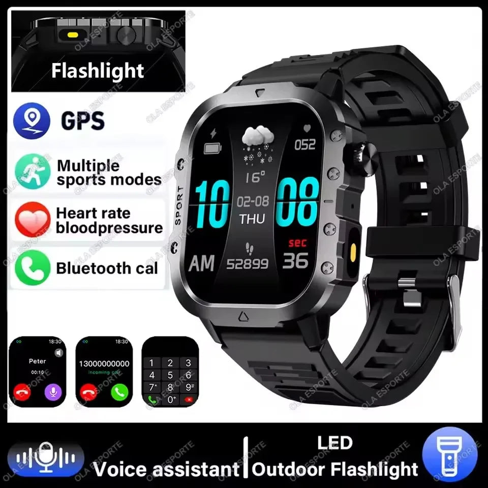 Military Smart Watch Men Waterproof Outdoor Sports Tracker LED Flashlight Bluetooth Call Men Smartwatch For Android iOS
