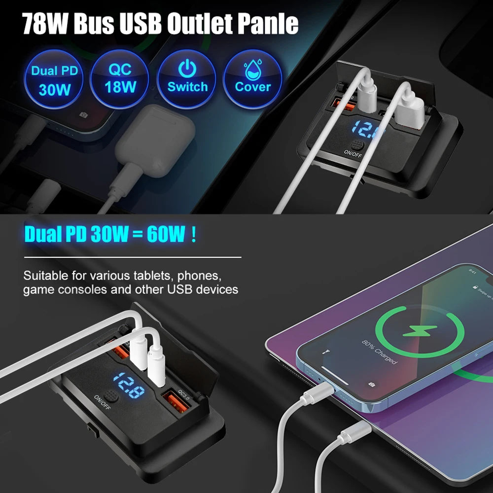 Dual PD Dual QC 3.0 USB Car Charger 12V RV USB Outlet Panel 108W Fast Charge Socket with Switch & Voltmeter for Boat Motorcycle
