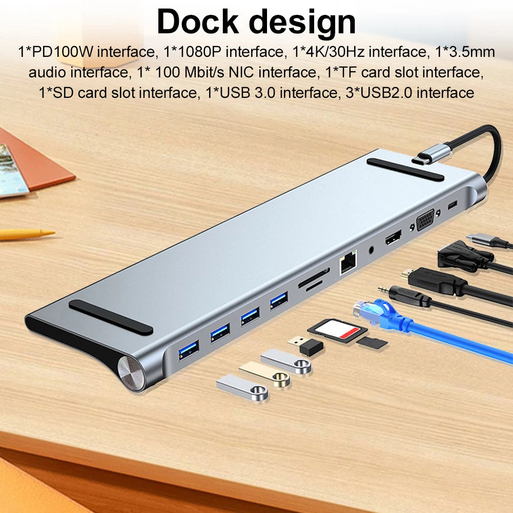 11 in 1 USB C Docking Station 100W PD SD/TF Audio Type C Hub 1* USB 3.0 3*USB2.0 for MacBook Pro/Air Dell HP Surface Lenovo ASUS