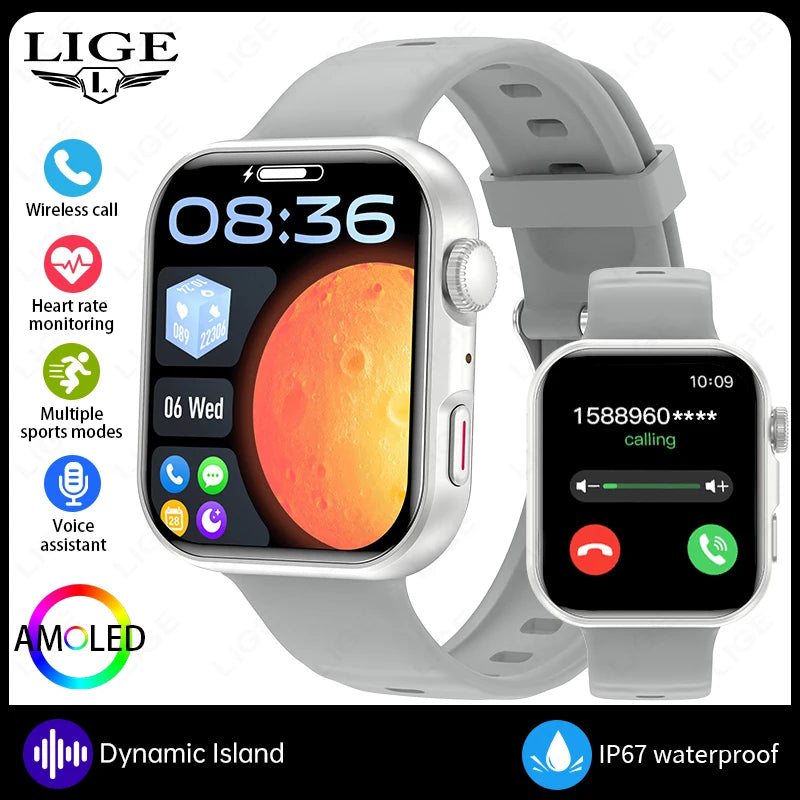 LIGE New Bluetooth Call 1.83" AMOLED Smart Watch For Android IOS Dynamic Island Men Women Sports Fitness Blood Oxygen Smartwatch