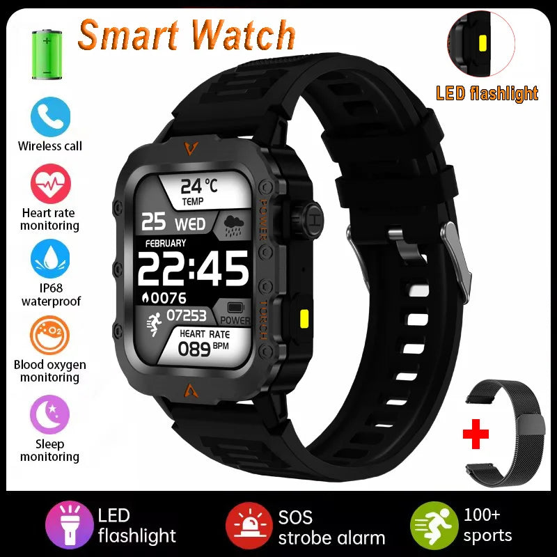 2026 New Military Smart Watch Men IP67 3ATM Waterproof Outdoor Sports Fitness GPS Tracker Health Monitor BT Call Smartwatch LS