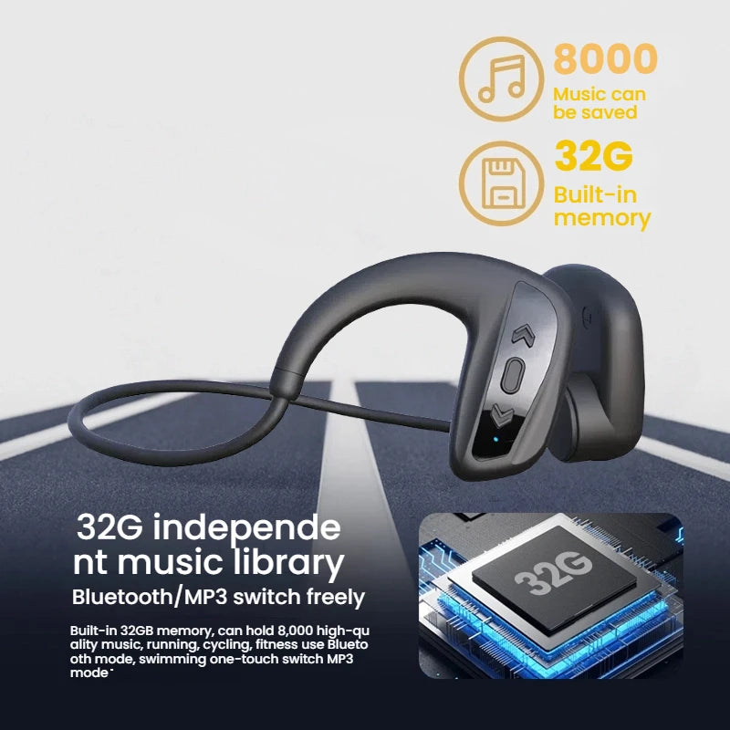 Waterproof Bluetooth IPX8 Bone Conduction Headphones Wireless Sports Earphones with 32GB Storage for Running, Diving, Swimming