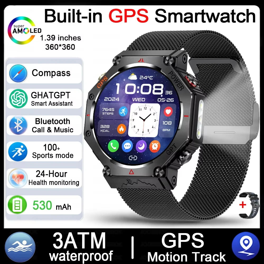 2026 NEW Military Outdoor GPS Sports Smart Watch Men 1.39" 5ATM Waterproof 530mAh ChatGPT AI Assistant Compass Smartwatch