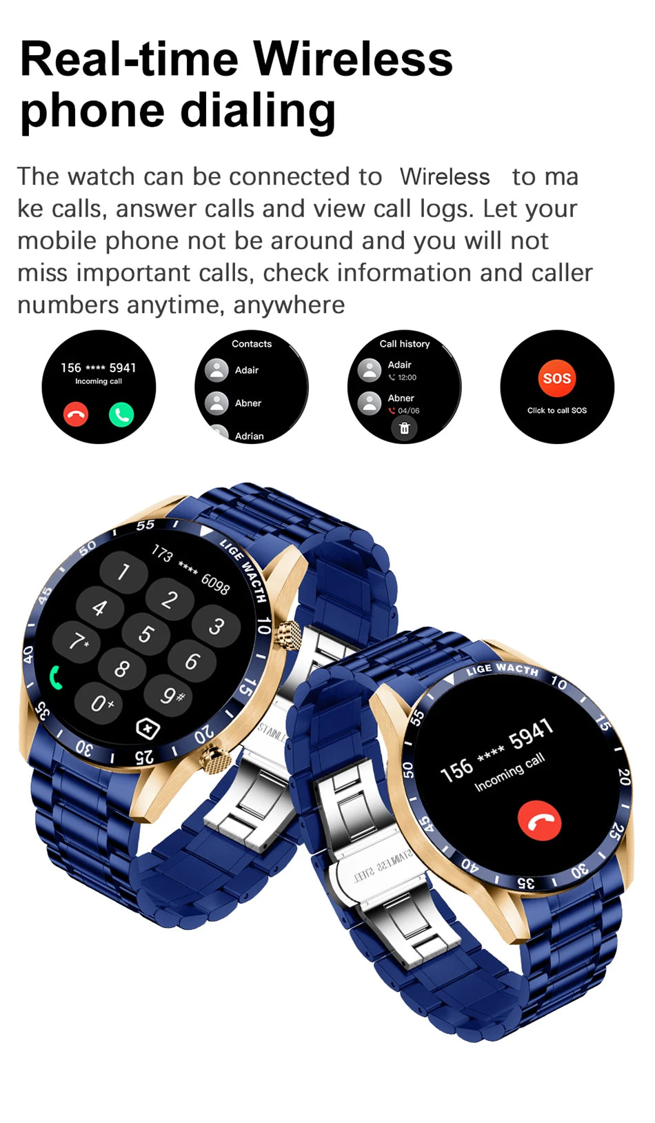 LIGE New Bluetooth Call Smart Watch Men Heart Rate Monitor Luxury Steel Sport Fitness Smartwatch IP67 Waterproof For Android iOS