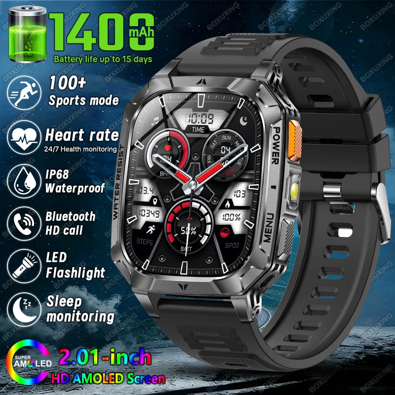 Rugged Military 1400mAh Battery Smart Watch Fitness Tracking IP68 Waterproof Tactical Sports Flashlight 2026 New Men Smartwatch