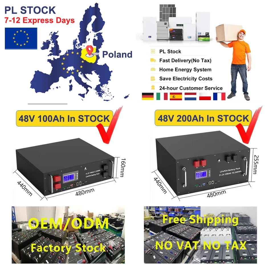 LiFePO4 48V 300Ah Battery Pack 6000 Cycles Bluetooth RS485 CAN BMS 51.2V 100Ah 120Ah 150Ah 200Ah Lithium Battery EU STOCK NO TAX