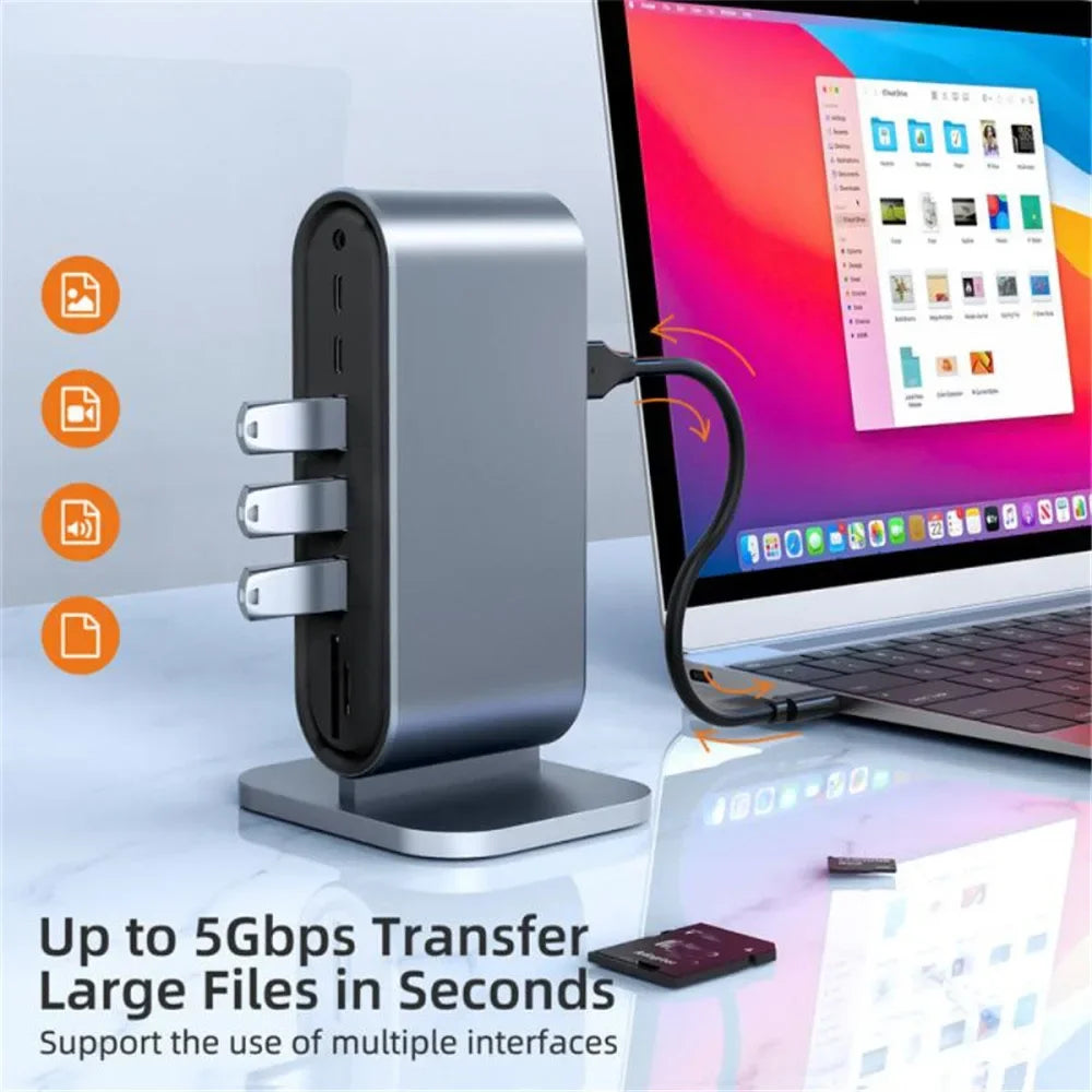 12-in-1 Vertical Docking Station USB C Docking Station TYPE C HUB USB Splitter HDMI 4K/LAN 100M/USB3.0 5Gbps/VGA 1080P/PD100W