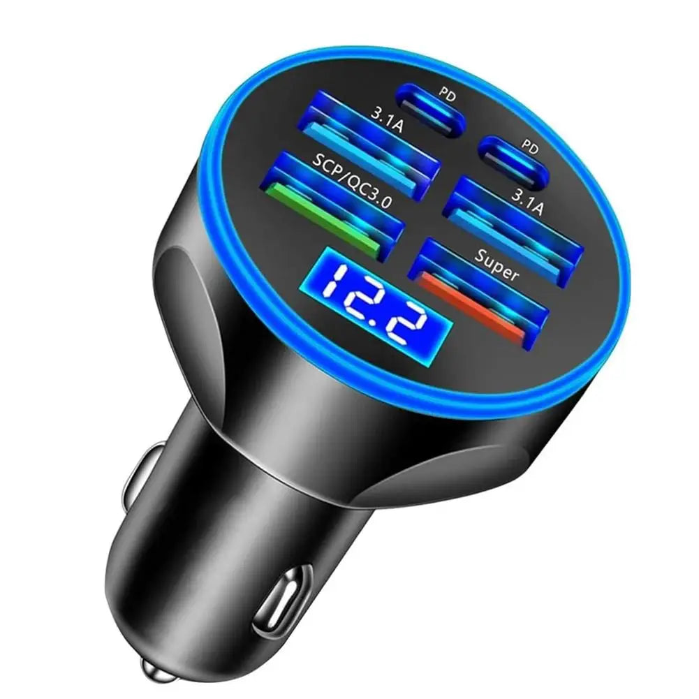 4USB+2PD Fast Charging 300W Car Charger 4 Ports USB Super Charger Type C PD Quick Charge 3.0 Car Charger With Voltage Display