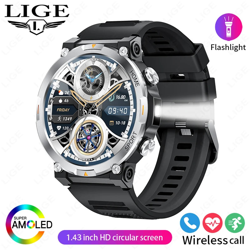 LIGE Smart Watches Men's Rugged Military Bluetooth Call IP68 Waterproof Sports Fitness Outdoor Health Smartwatch For Android IOS