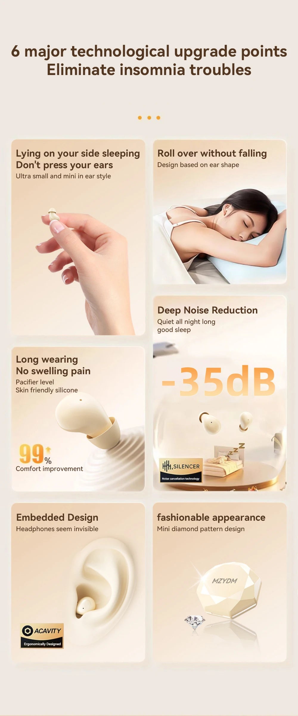 Mini Sleep Earbuds Wireless Headphones TWS Bluetooth 5.4 Earphones HIFI Stereo Noise Reduction Invisible Heasets For Home Work