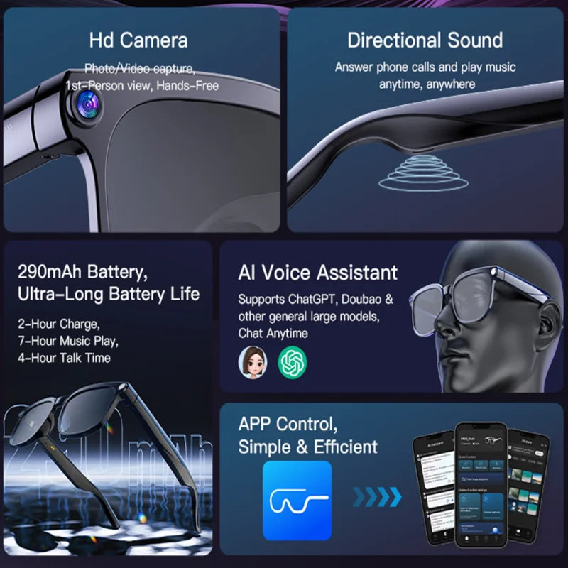 Smart Glasses 800W HD Camera Video Simultaneous Interpretation Bluetooth Call Outdoor Sport AI Smart SunGlasses For Mens Women