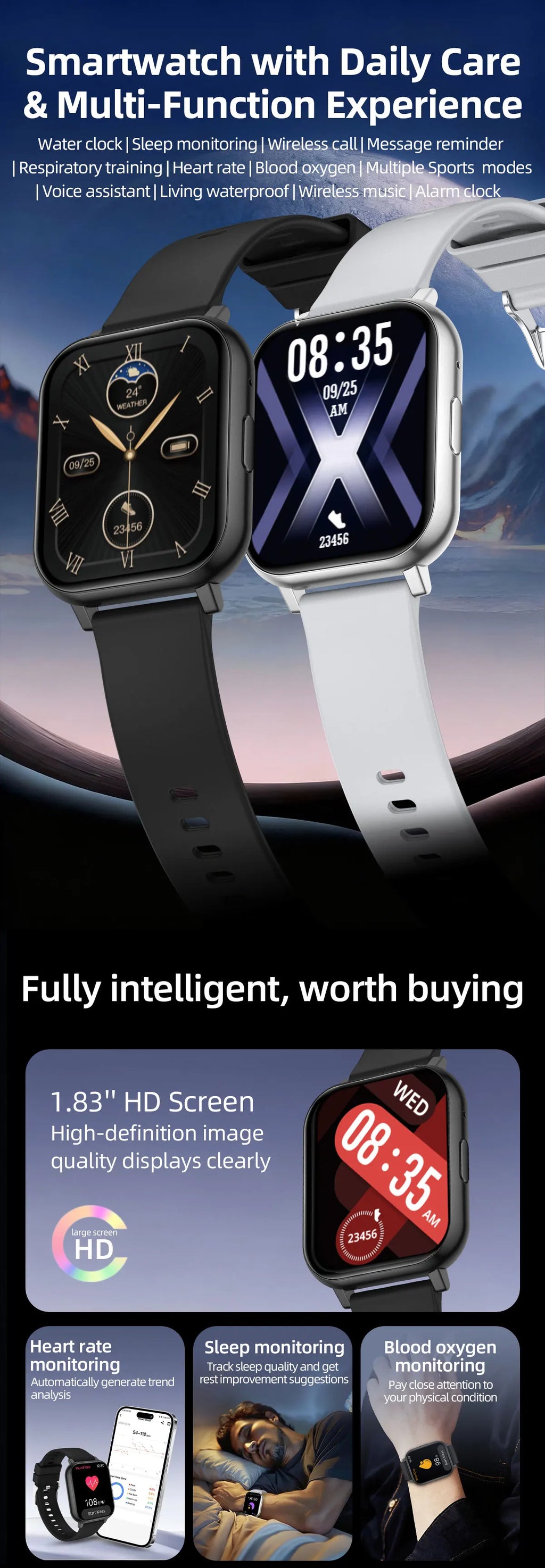 LIGE 1.83" HD Screen Smartwatch Fitness Health Monitor 2026 New Bluetooth Call Waterproof Call Reminder Smart Watch Men Women