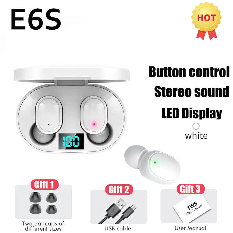 Wireless Bluetooth Earphones for Smartphones E6S TWS Digital Display Noise Cancelling Earbuds with Mic HiFi Stereo Sound Headset