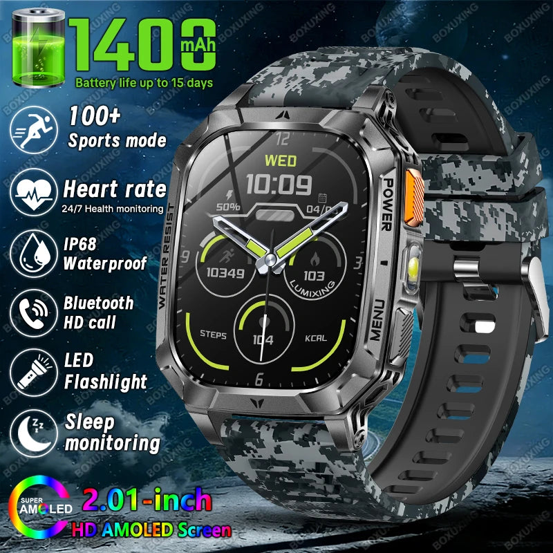 Rugged Military 1400mAh Battery Smart Watch Fitness Tracking IP68 Waterproof Tactical Sports Flashlight 2026 New Men Smartwatch