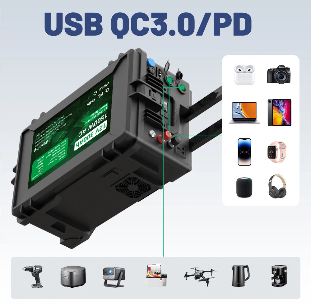 LiFePO4 12V 300Ah Battery Portable Power 3840Wh 1500W DC-AC All IN ONE Lithium Bluetooth BMS 6000+ Cycle IP56 USB PD QC EU STOCK