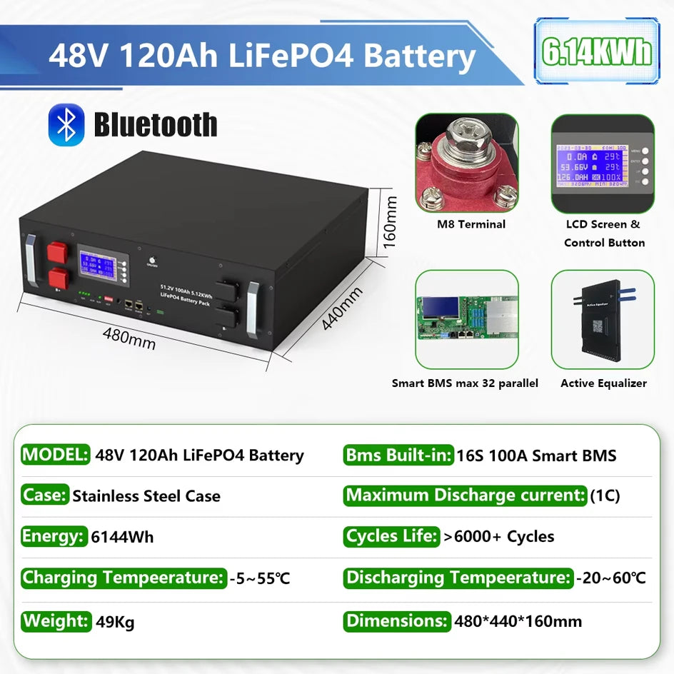 LiFePO4 48V 300Ah Battery Pack 6000 Cycles Bluetooth RS485 CAN BMS 51.2V 100Ah 120Ah 150Ah 200Ah Lithium Battery EU STOCK NO TAX